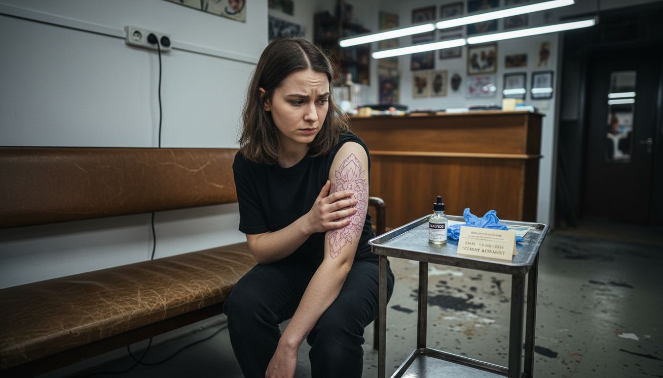 Klient dotyka skóry w miejscu, gdzie ma być zrobiony tatuaż, sprawdzając, jak bardzo jest ona wrażliwa.