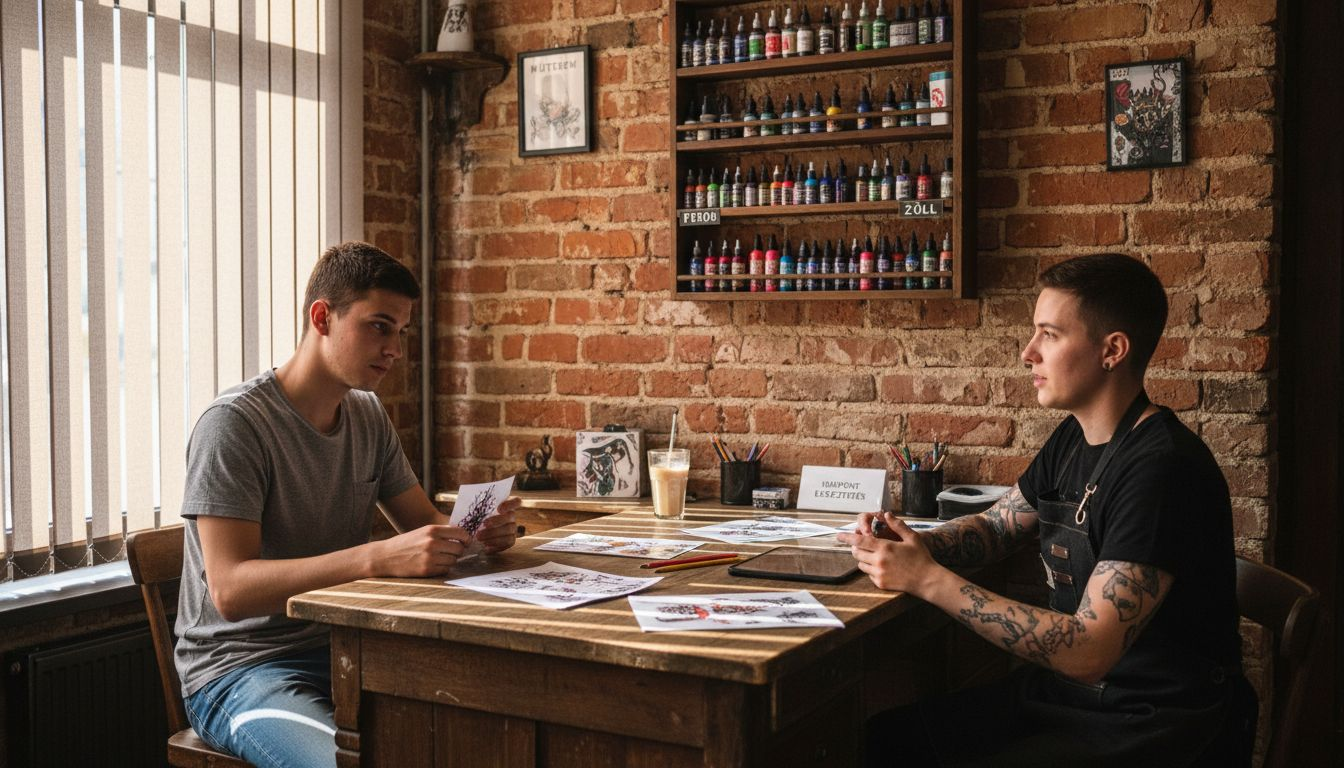 Egy tetoválóművész megbeszélést tart egy első tetoválását tervező vendéggel.