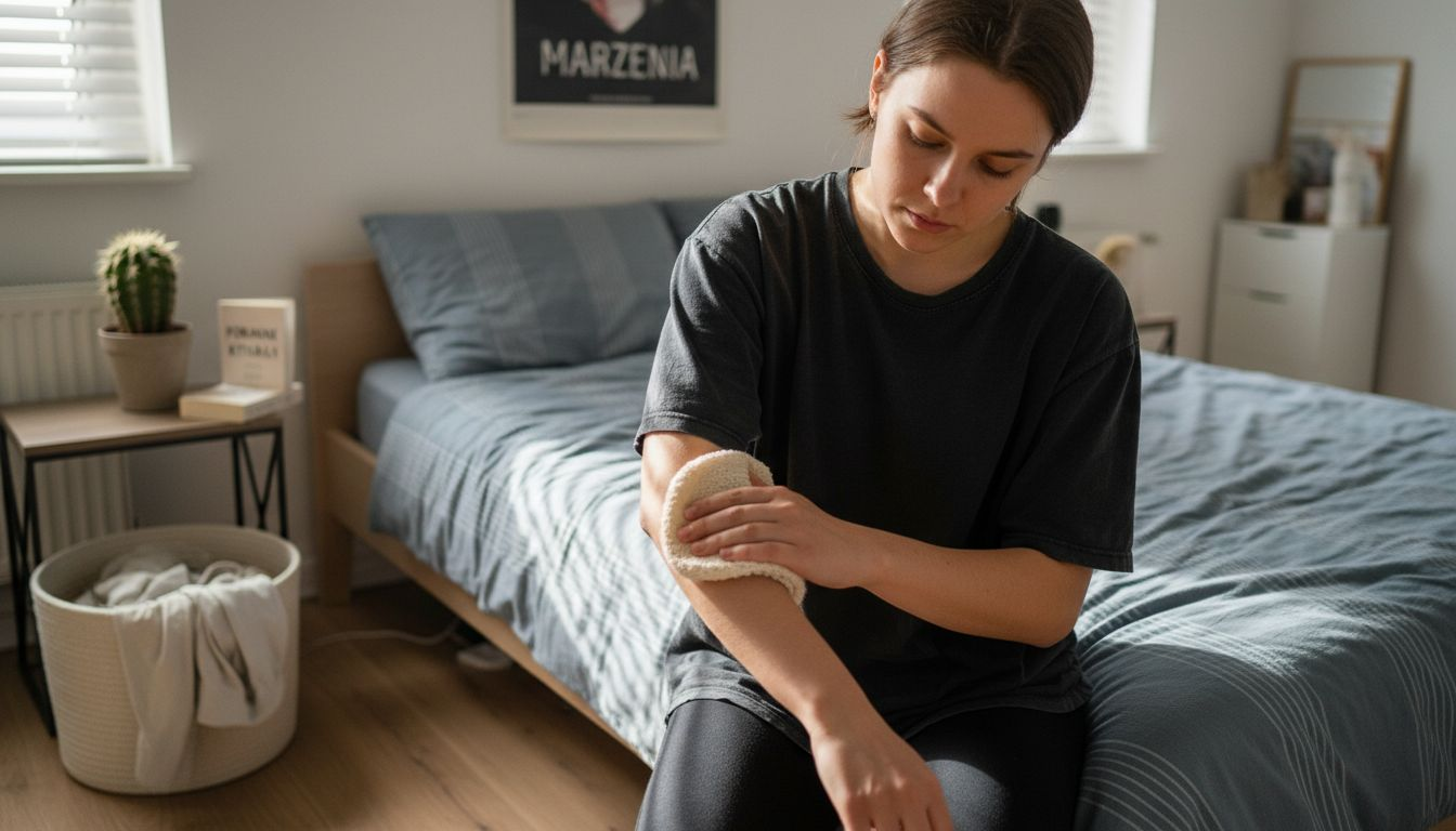 Ktoś delikatnie złuszcza skórę na przedramieniu, korzystając z promieni porannego słońca wpadających do sypialni.