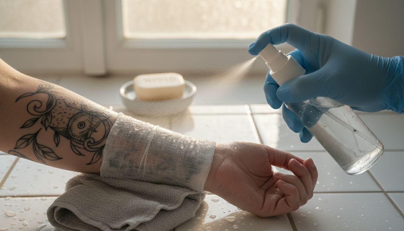 Zbliżenie na czyszczenie świeżego tatuażu w łazience