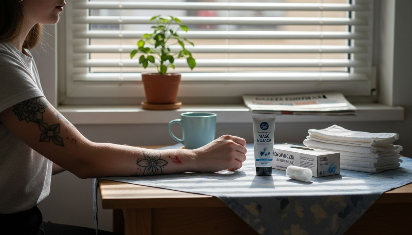 Osoba szykuje w domu niezbędne rzeczy do pielęgnacji świeżego tatuażu.