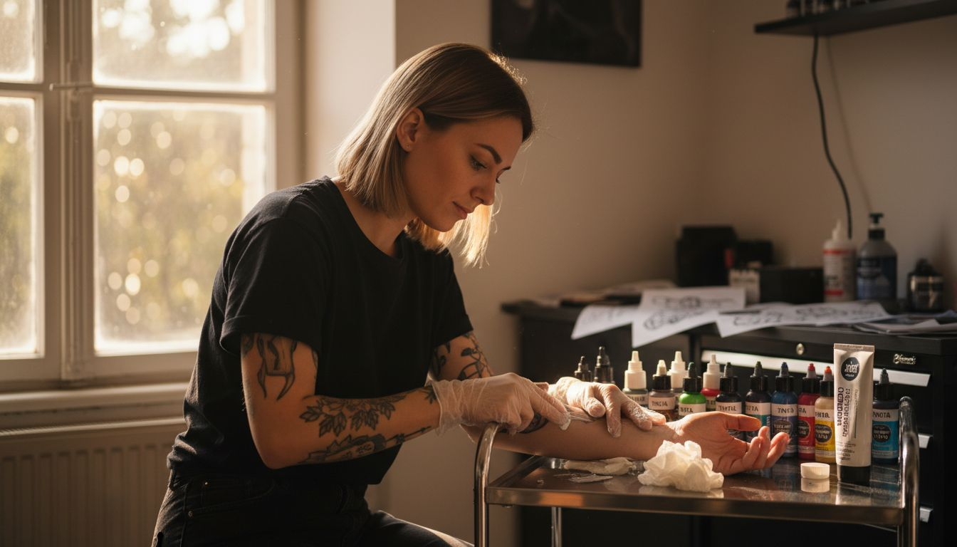 A tetoválóművész érzéstelenítő krémet ken fel a vendég karjára, hogy a tetoválás kevésbé legyen fájdalmas.