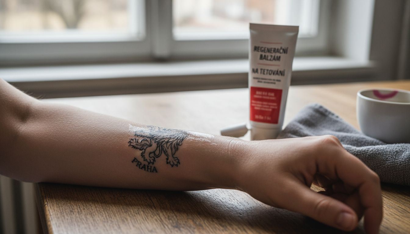 Detailní záběr na hojící se tetování, na které se nanáší balzám.