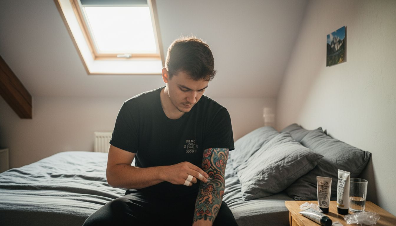 Člověk si pečlivě maže čerstvé tetování na ruce speciálním balzámem.