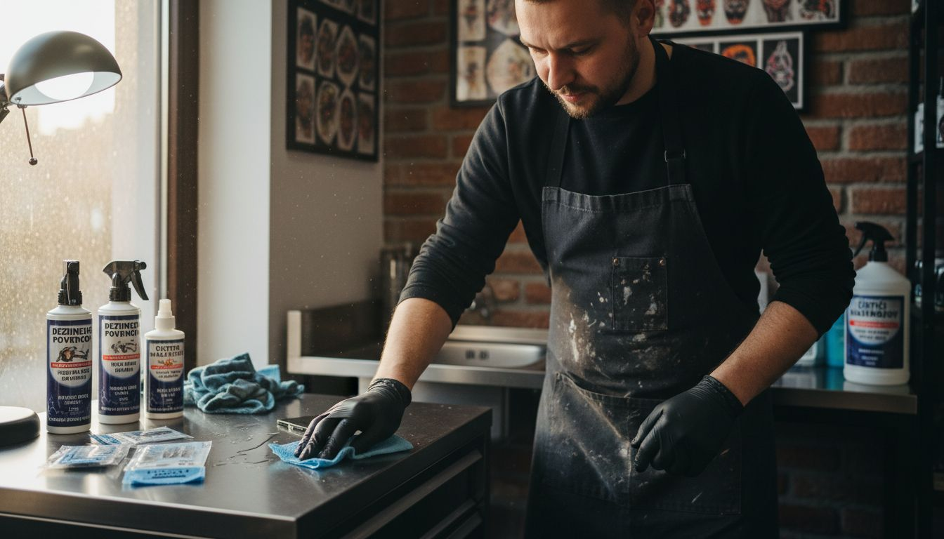 Tatér si s maximálnou precíznosťou upratuje svoj pracovný stôl, dbá na každý detail, aby bolo všetko dokonale čisté a pripravené na ďalšie tetovanie.