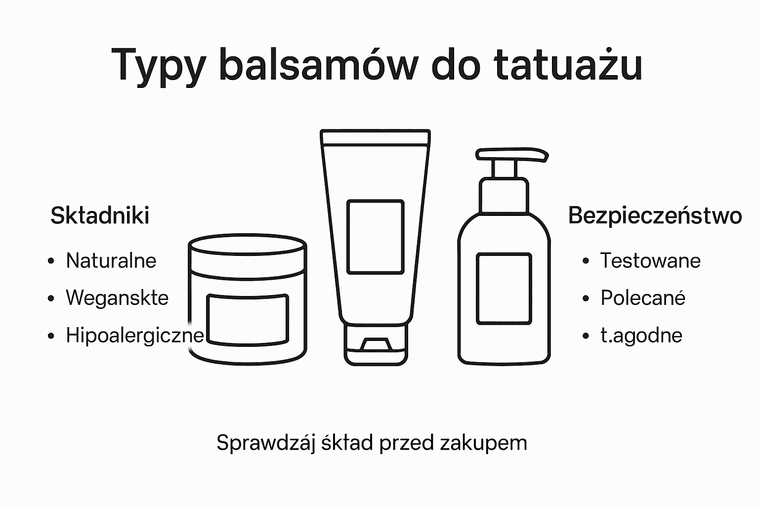 Infografika przedstawiająca różne rodzaje kremów i balsamów do pielęgnacji świeżo wykonanych tatuaży