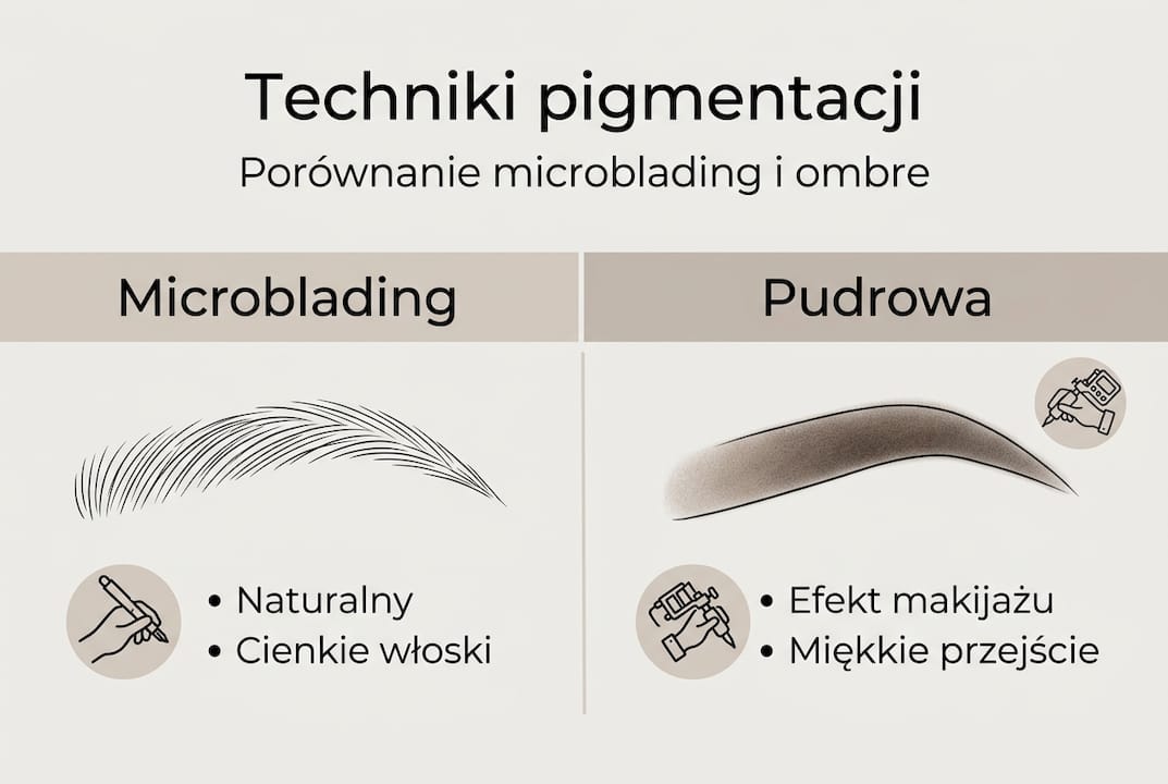 Grafika przedstawiająca różnice między microbladingiem a makijażem permanentnym metodą pudrową