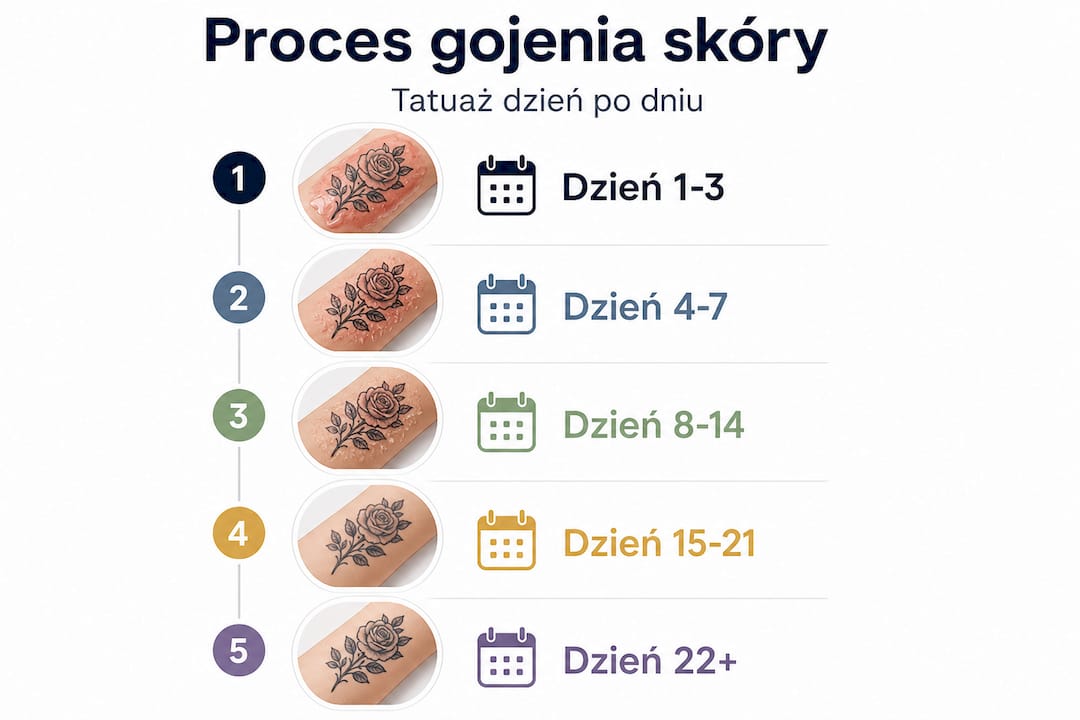 Grafika przedstawiająca etapy gojenia się tatuażu