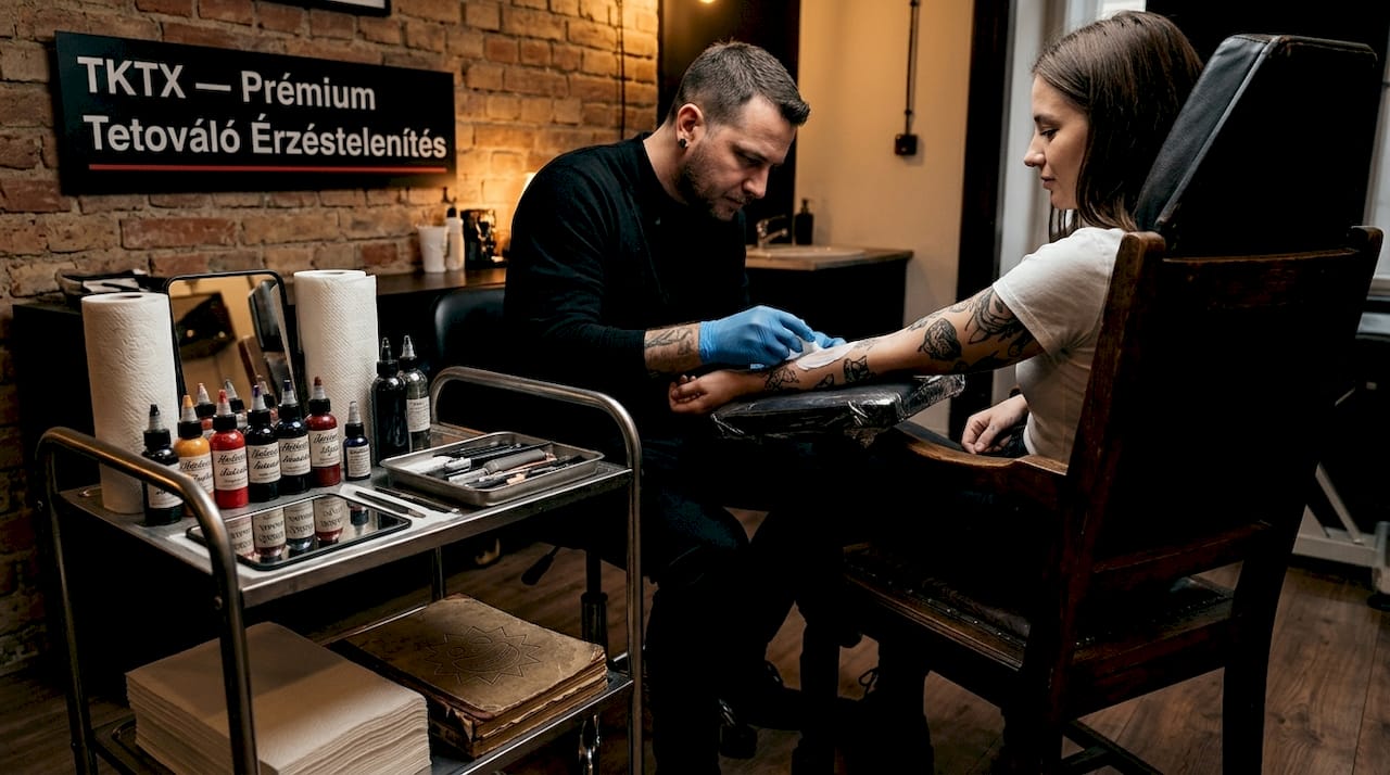 A tetoválóművész érzéstelenítő krémet ken fel az alkarra, hogy kevésbé legyen fájdalmas a tetoválás.