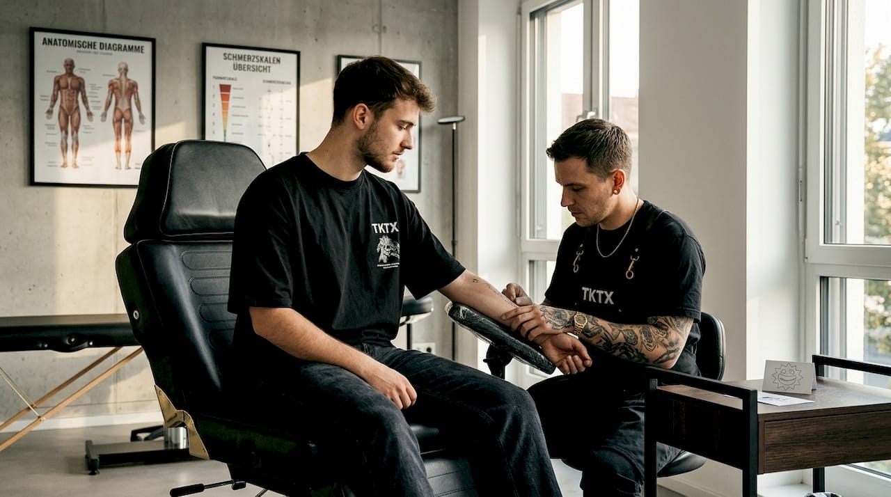 Kunde und Tätowierer besprechen gemeinsam das Motiv und bereiten den Arm für das Tattoo vor.