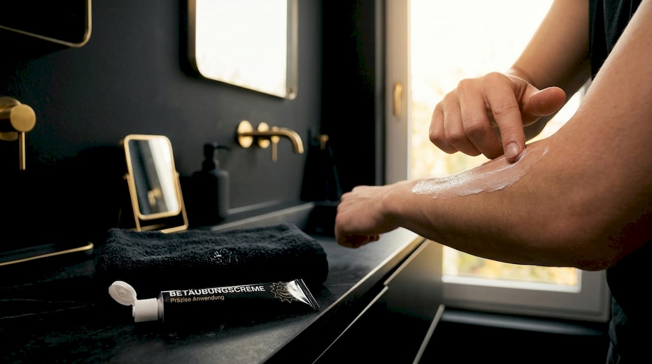 Eine Hand trägt eine betäubende Creme auf die Haut auf.