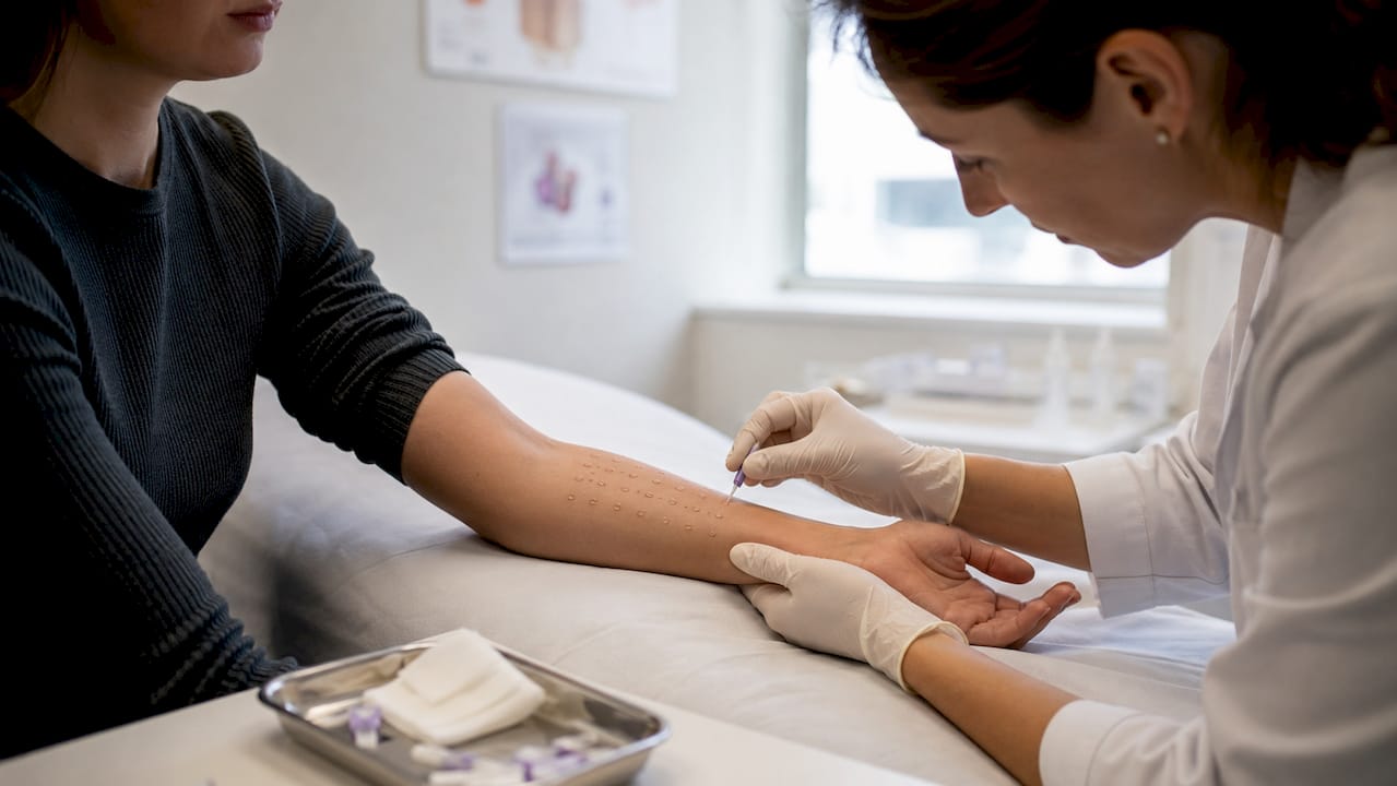 Dermatológ robí kožný test na alergie priamo na predlaktí pacienta.