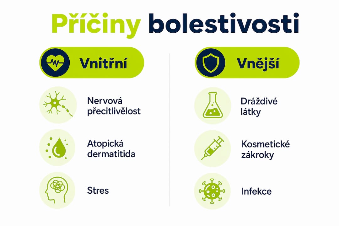 Přehled hlavních příčin citlivosti pokožky rozdělený do dvou skupin v přehledné infografice