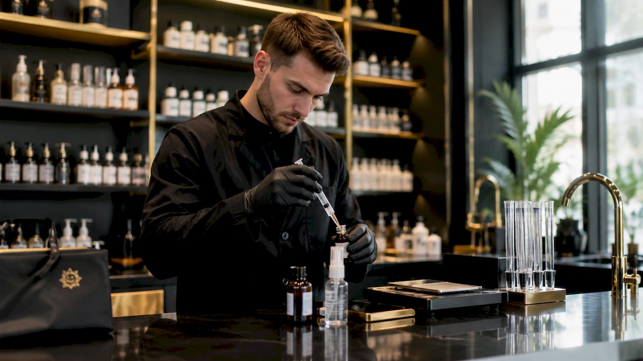 Eine Apothekerin bereitet die richtige Dosierung für ein Lidocain-Spray vor.