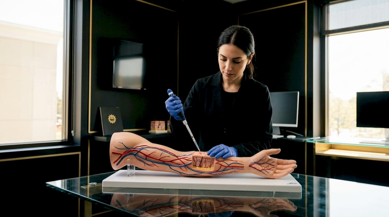 Detailansicht eines biomedizinischen Modells von Haut und Blutgefäßen
