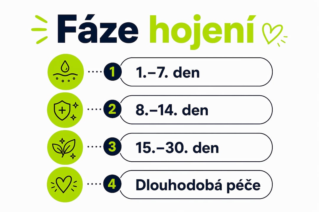 Přehledná infografika s postupem čtyř kroků, jak správně pečovat o pleť po estetickém zákroku