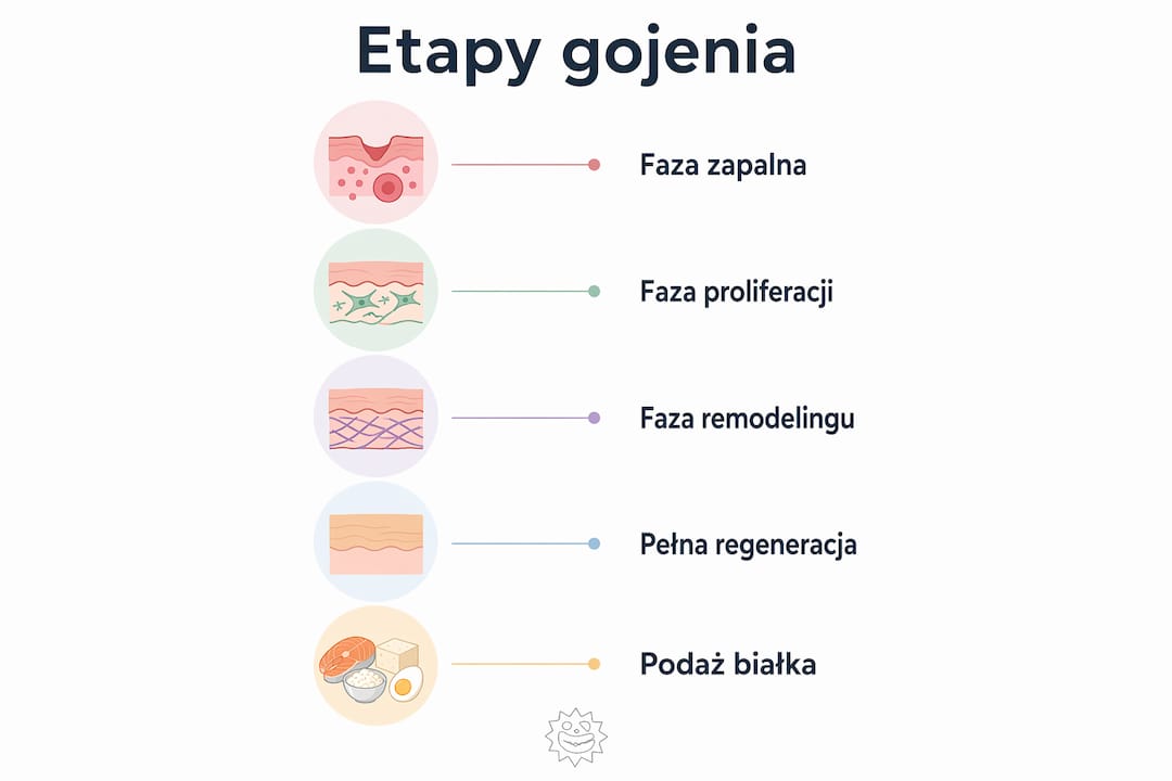 Grafika przedstawiająca kolejne fazy gojenia się tatuażu oraz znaczenie białka w tym procesie