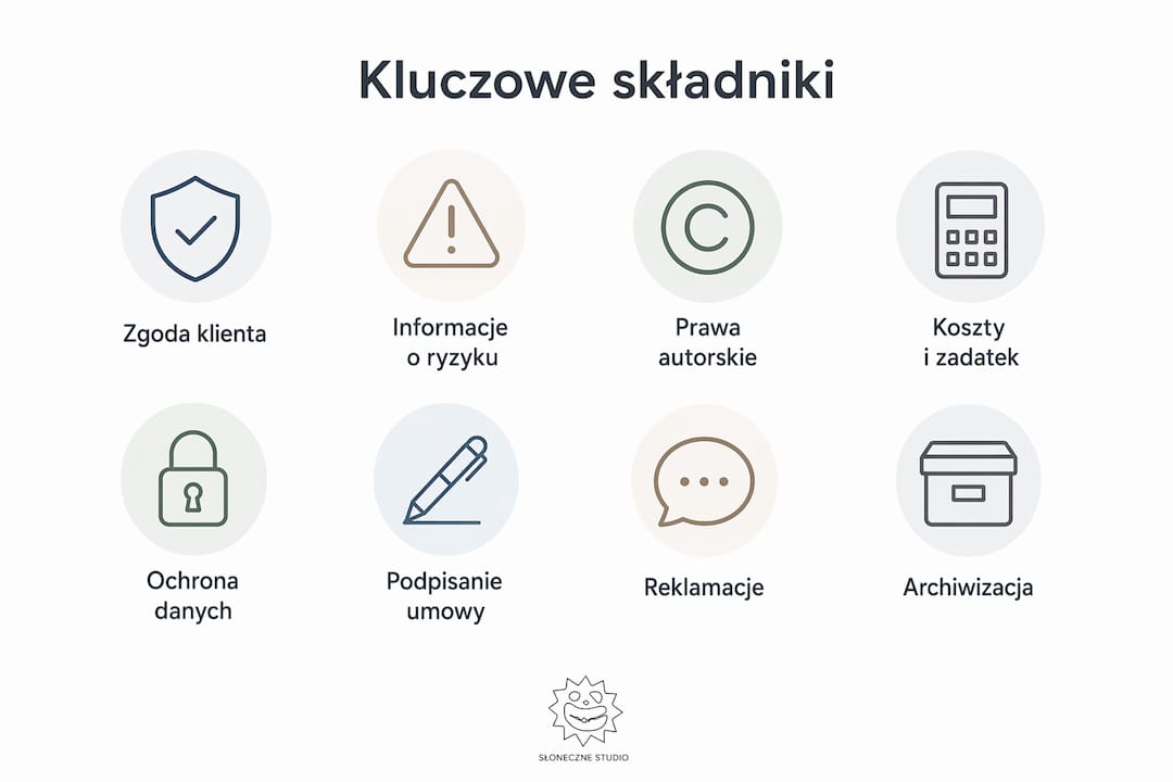 Infografika przedstawiająca najważniejsze elementy, które powinny znaleźć się w umowie z tatuażystą