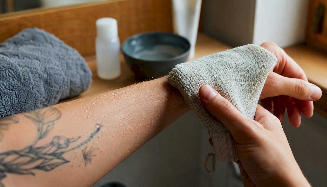 Detailní pohled na exfoliaci kůže na ruce před tetováním – důležitý krok pro dokonalý výsledek.