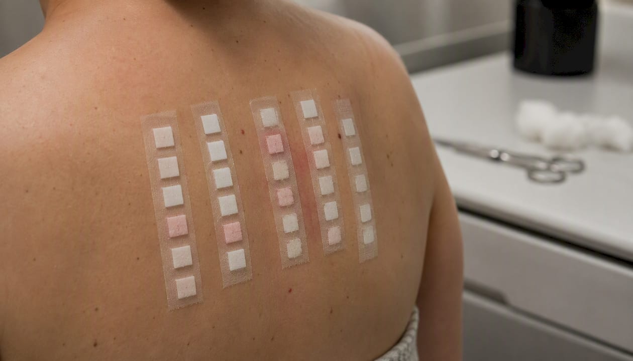 Alergologický test náplastí sa zvyčajne aplikuje na kožu v hornej časti chrbta.