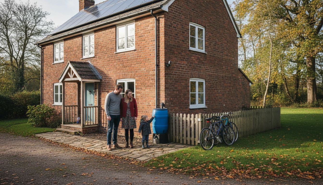 Family outside energy-efficient brick home