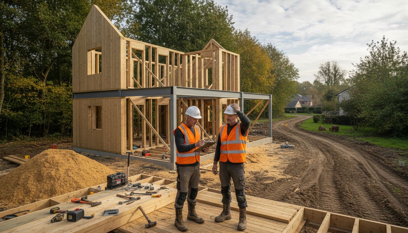 Eco-construction workers review sustainable materials