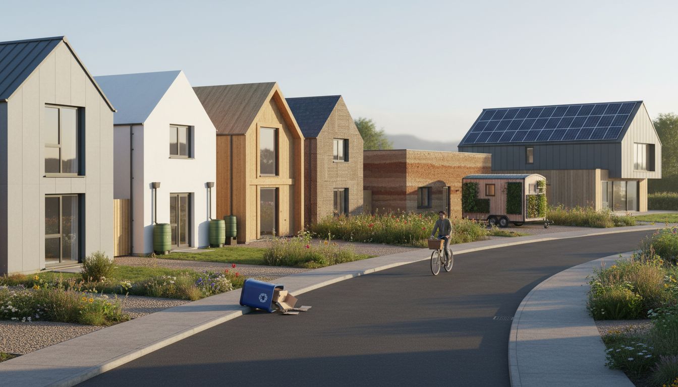 Row of seven unique sustainable homes in sunlight