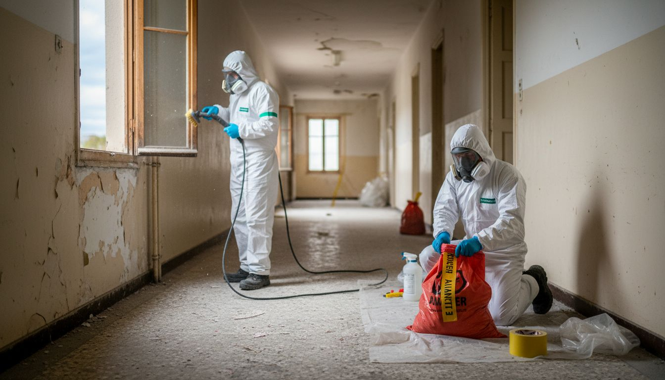 Des spécialistes interviennent pour enlever l’amiante dans un bâtiment ancien.