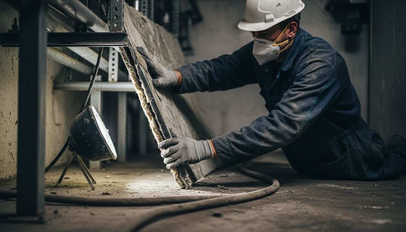 Un agent équipé d’un masque et de gants procède au retrait de l’amiante sur le chantier.