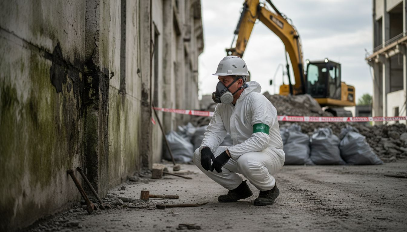 Travailleur sur un site de démolition exposé à des substances nocives