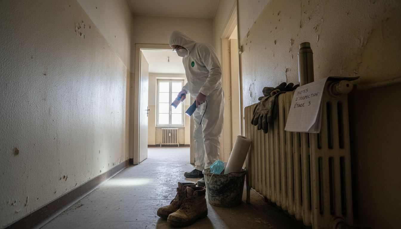 Un technicien procède à l’inspection d’une zone contaminée dans un immeuble.