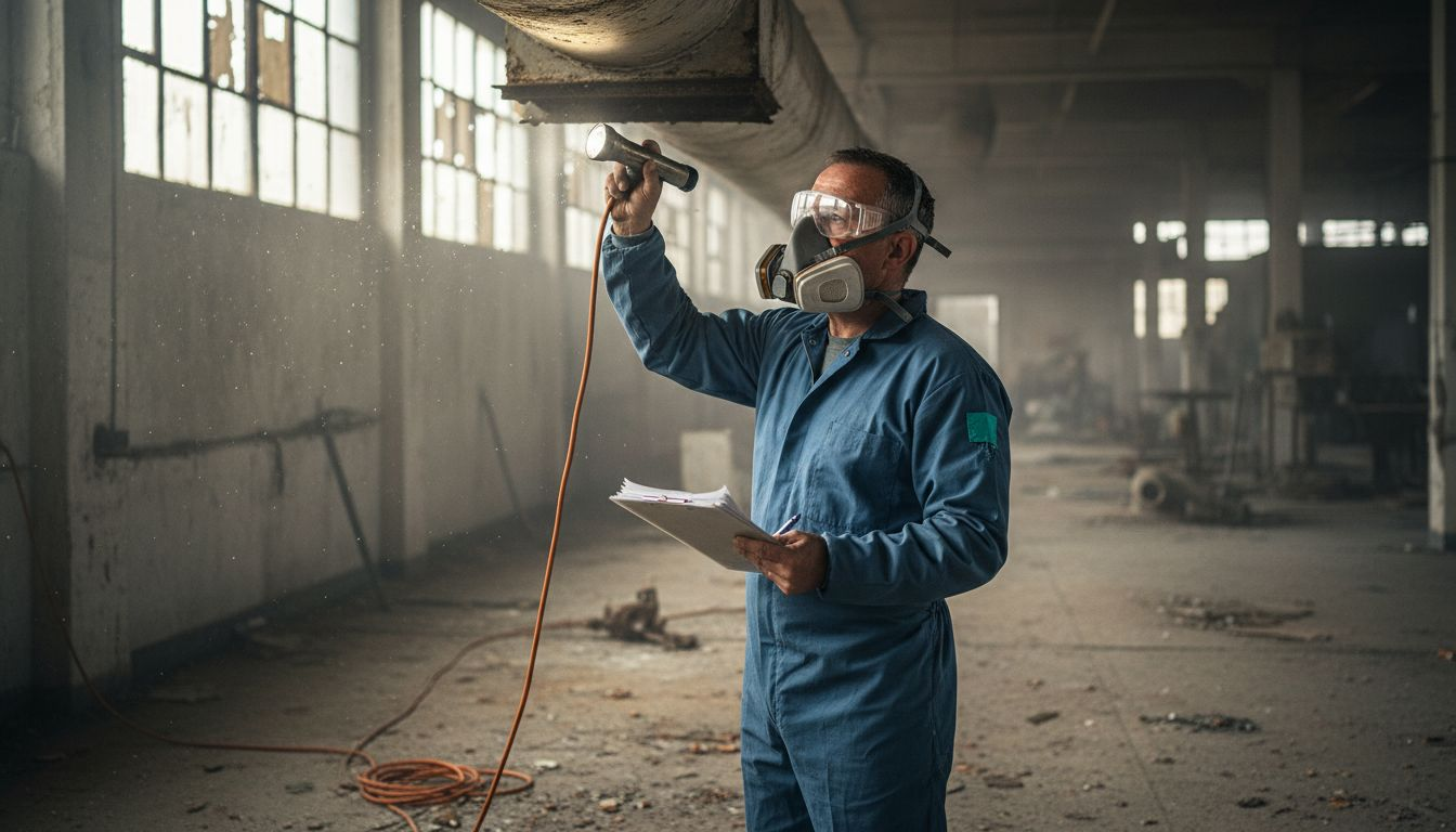 Un expert réalise un contrôle de la présence d’amiante dans un bâtiment industriel.