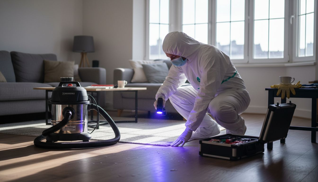 Un spécialiste de la décontamination procède à l’inspection d’un salon chez un particulier.