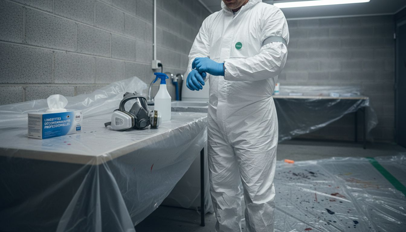 Un technicien en train de préparer le matériel nécessaire pour une opération de décontamination.