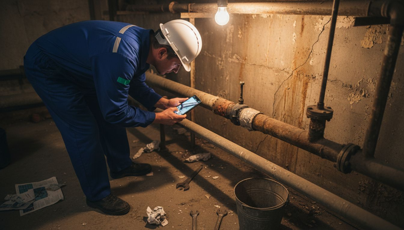 Un technicien en train de prendre en photo des matériaux susceptibles de contenir de l’amiante.