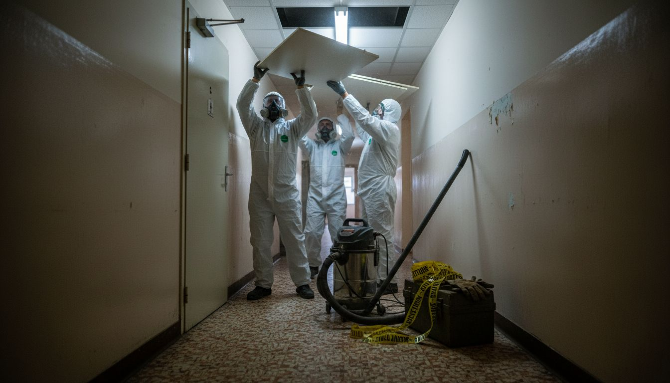 Des ouvriers équipés de combinaisons de protection procèdent au retrait de l’amiante.