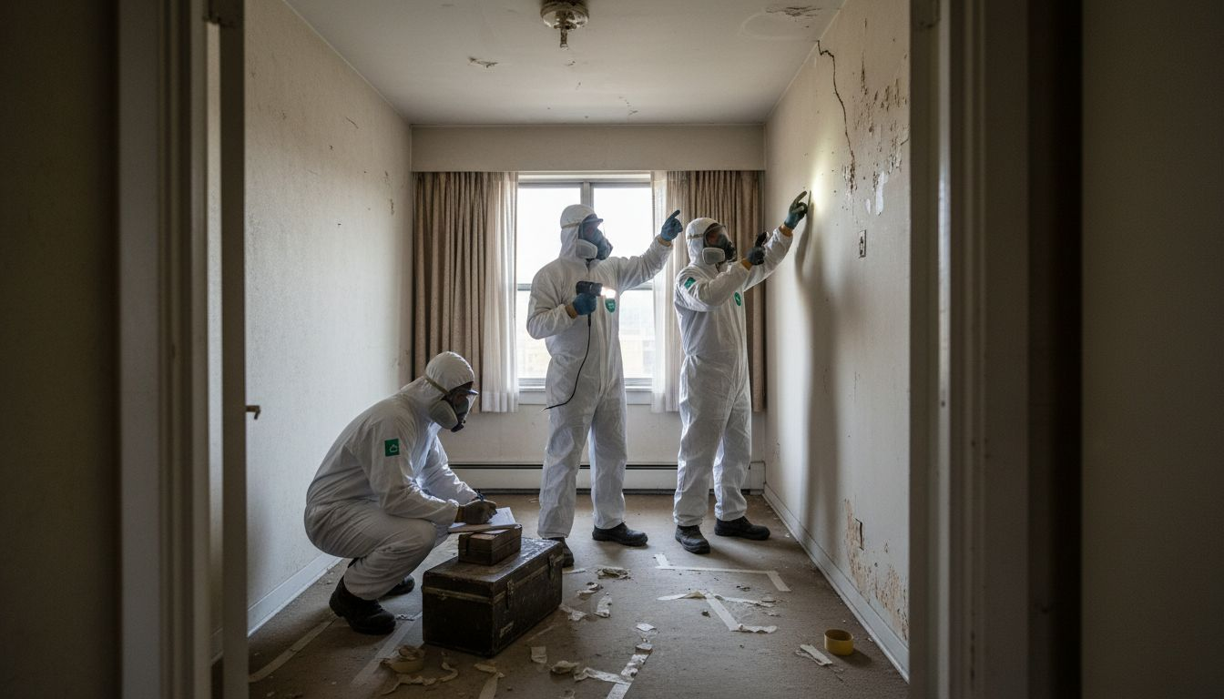 L’équipe procède à une inspection préalable avant les travaux de désamiantage.