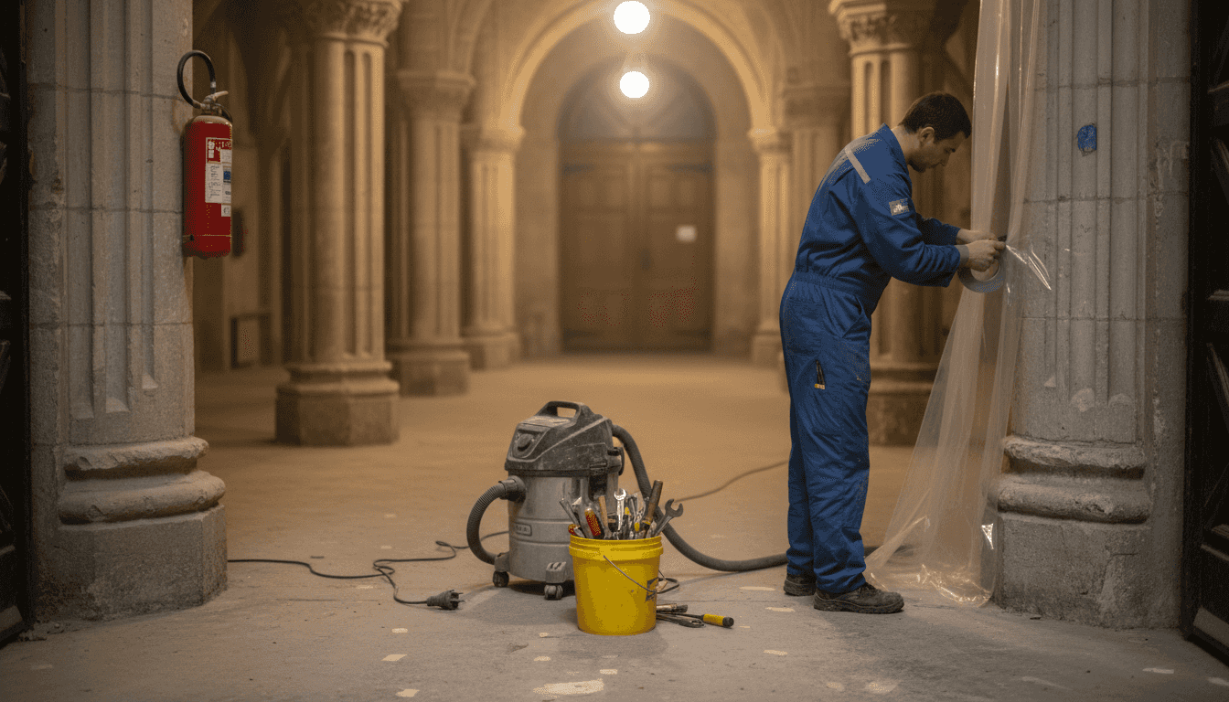 Un technicien met en place une barrière de sécurité pour préparer le chantier de désamiantage.