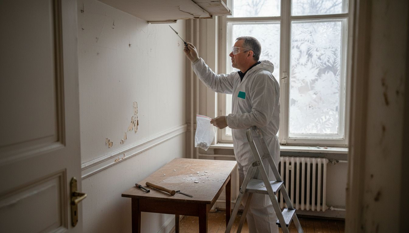 Un inspecteur prélève un échantillon d’amiante au niveau du plafond.