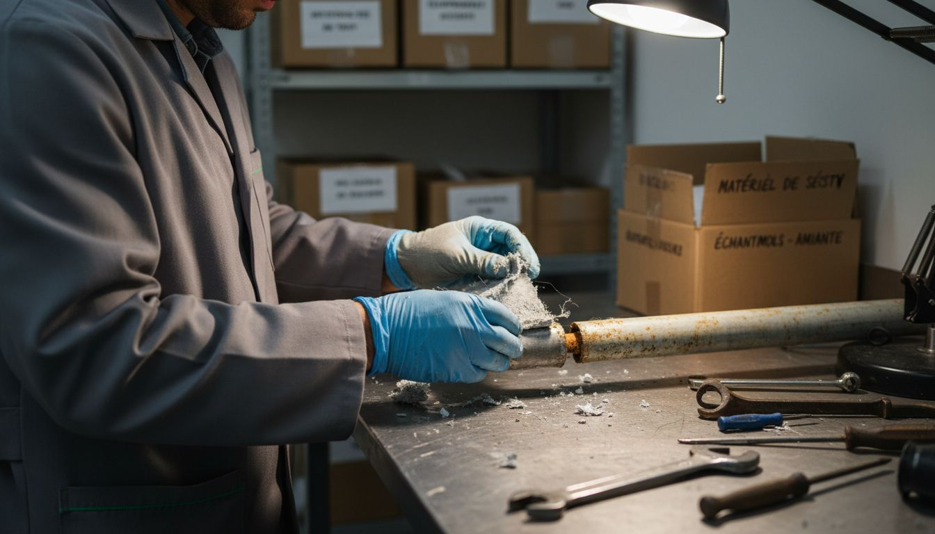 Un technicien procède à l’examen d’un isolant potentiellement amianté.