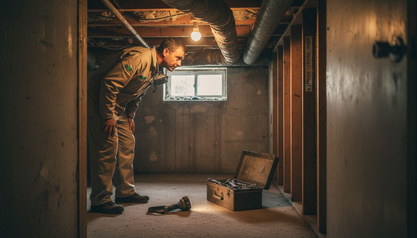 Un spécialiste procède à une inspection de l’amiante dans la cave d’un immeuble ancien.