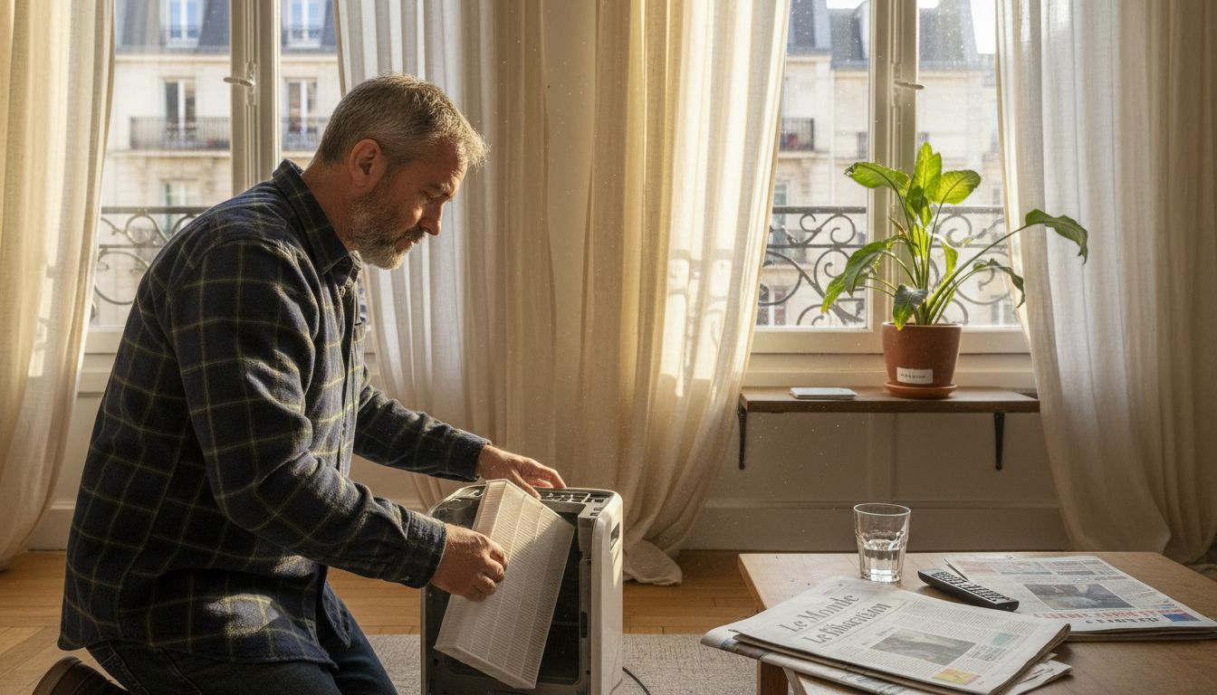 Un homme s’occupe de l’entretien du filtre à air dans son appartement en ville.