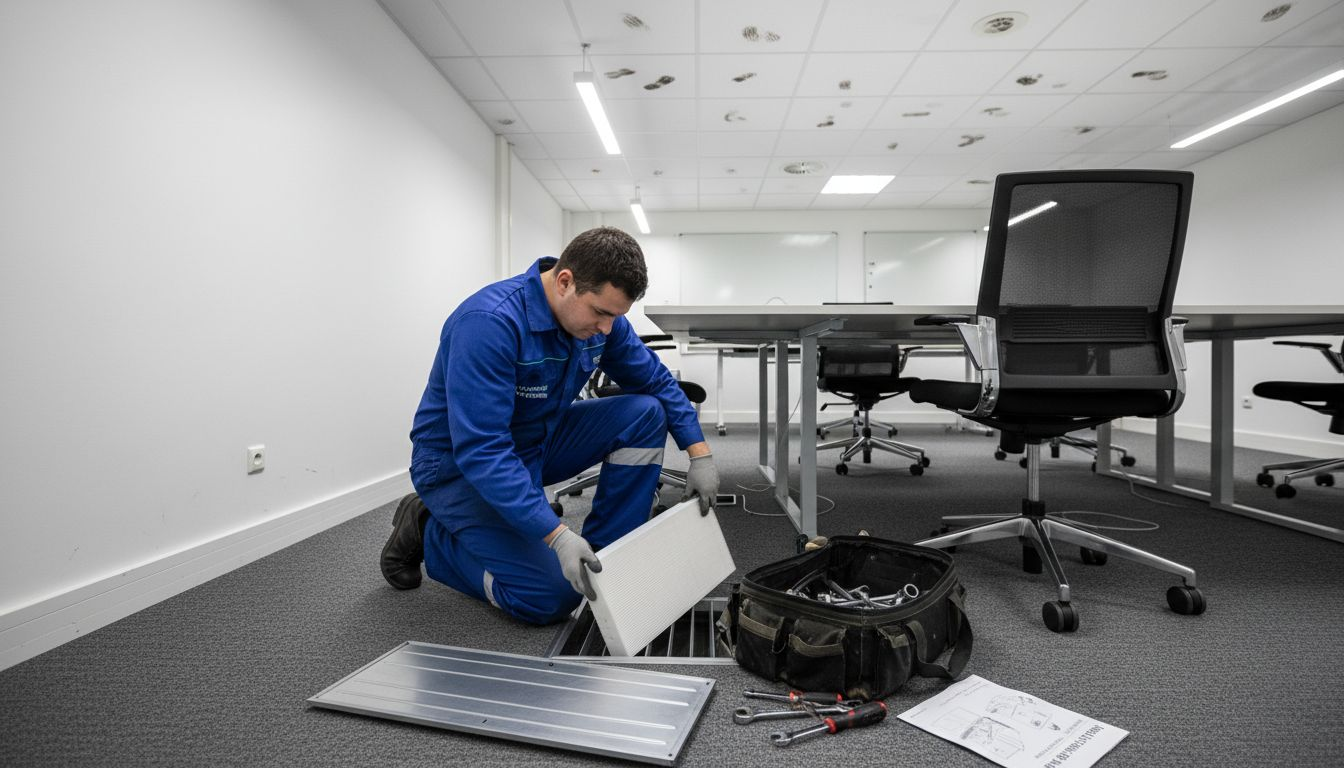 Un technicien procède à l'installation d'un filtre HEPA dans un bureau.