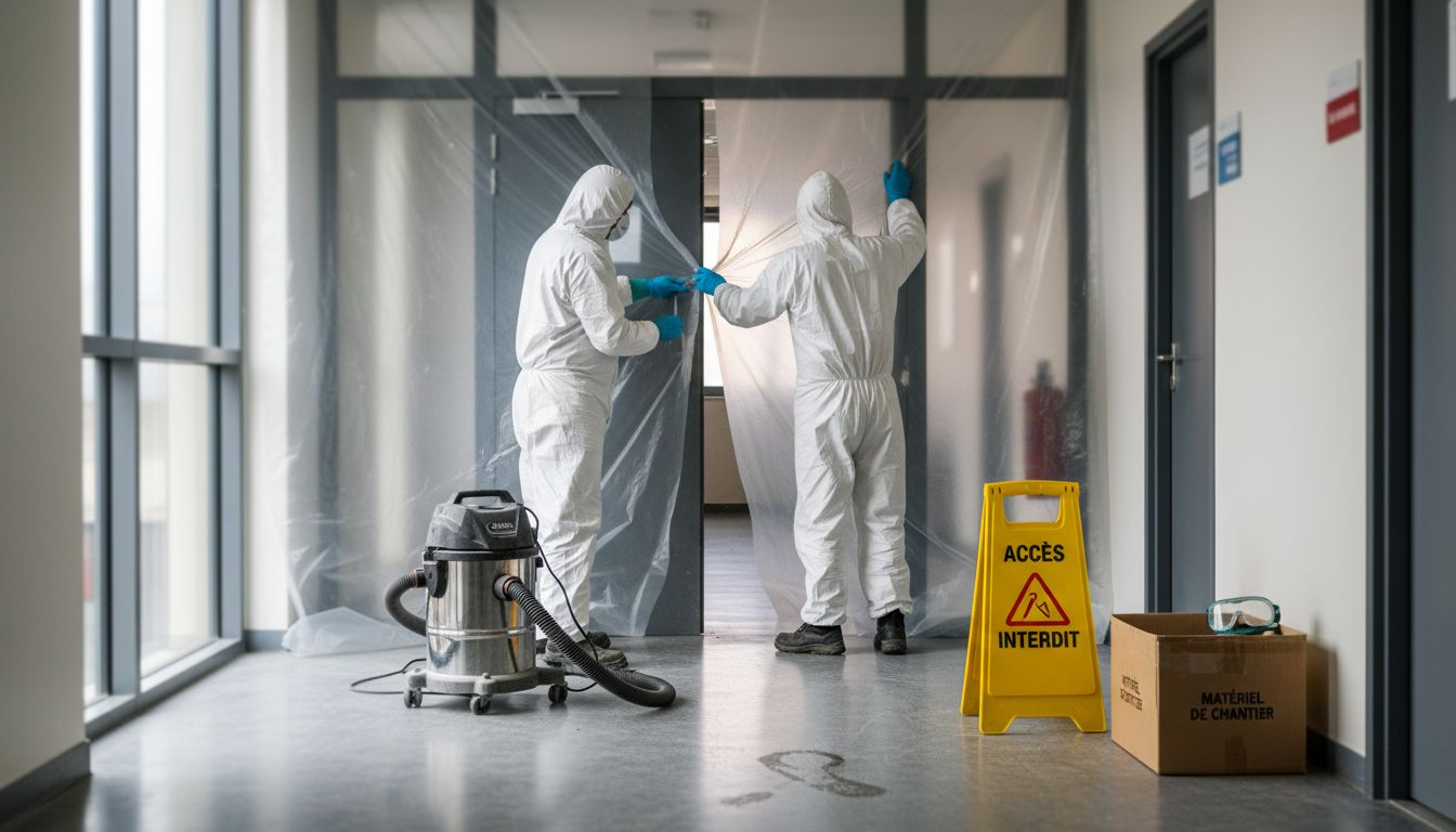 Des ouvriers posent des bâches plastiques pour confiner la zone et prévenir tout risque lié à l’amiante.