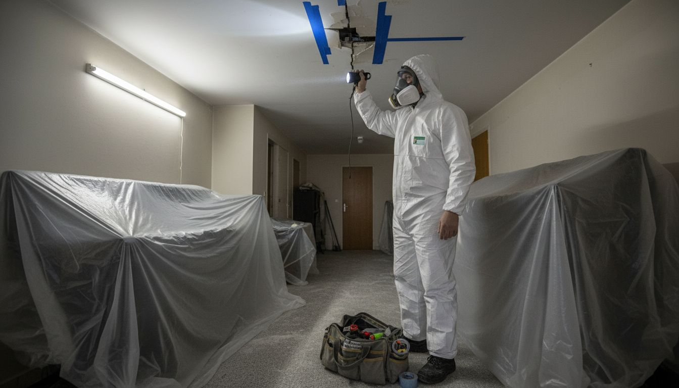 Un technicien procède à l’inspection du plafond sur un chantier où la présence d’amiante est suspectée.