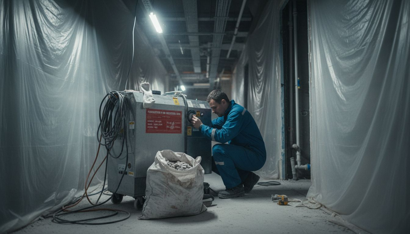 Présence d’une machine équipée d’un filtre HEPA et d’un technicien dans le couloir du chantier.