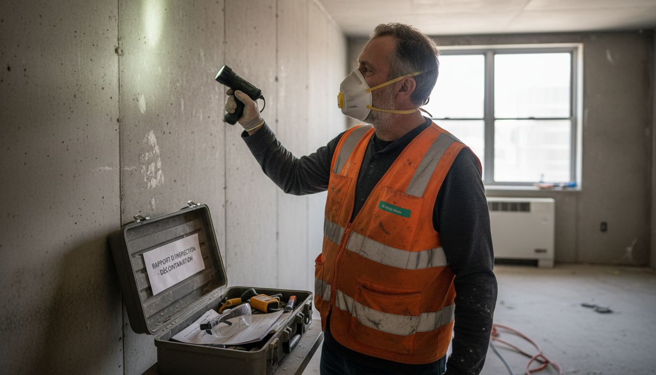 Un expert procède à l’examen d’un mur d’habitation touché par une contamination.