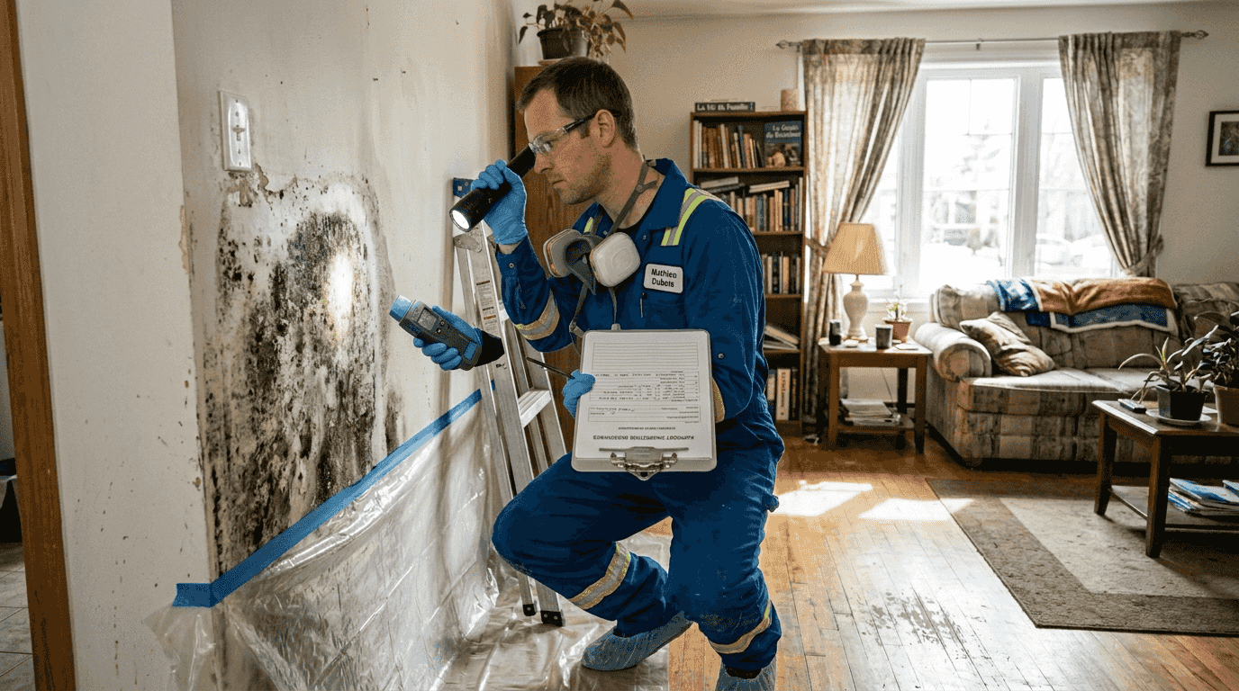 Un technicien procède à un contrôle de la présence de moisissure dans le salon d’une maison.