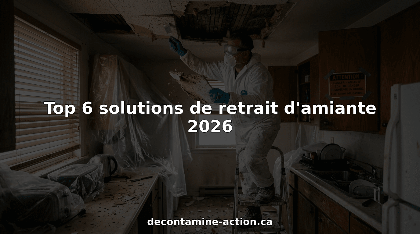 Un technicien équipé d'une combinaison de protection retire des dalles de plafond contenant de l'amiante.