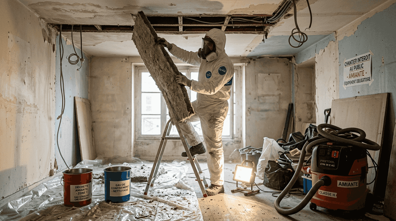 Un technicien procède au retrait de matériaux dangereux sur le chantier.